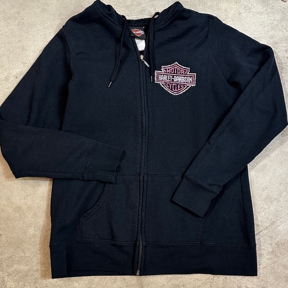 Harley-Davidson Tops - Harley Davidson Bling Full Zip Black Pink Hooded Sweatshirt Chicago IL Large